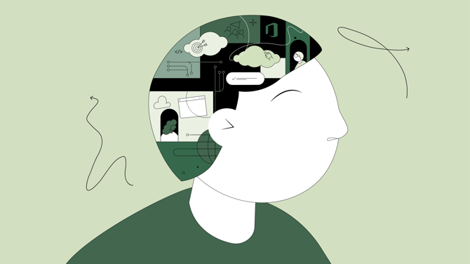 Side profile illustration of a person with a snapshot of a work-themed bulletin board inside the head, showcasing Outlook logo, chat bubbles, click hand, web browser, and more