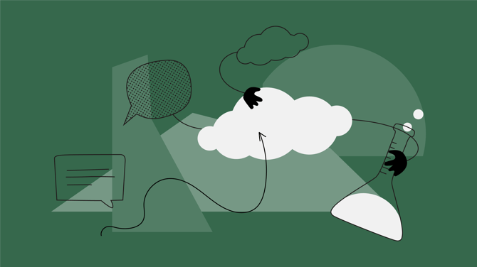 Cloud with chat bubble, cloud, and scientific beaker floating around it, representing interconnected employee experiences