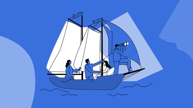 Four people on a small sailboat, collaborating as the first person on the bow scans the horizon with binoculars