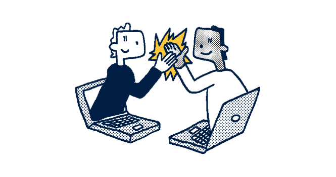 illustration of two employees giving high fives out of laptops
