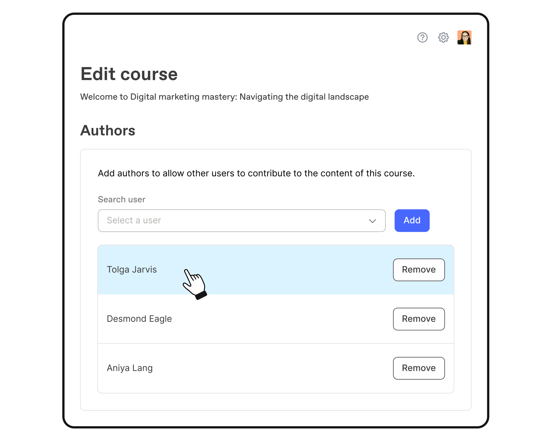 Adding authors to a course in Workleap LMS to allow other users to contribute to the content of the course.