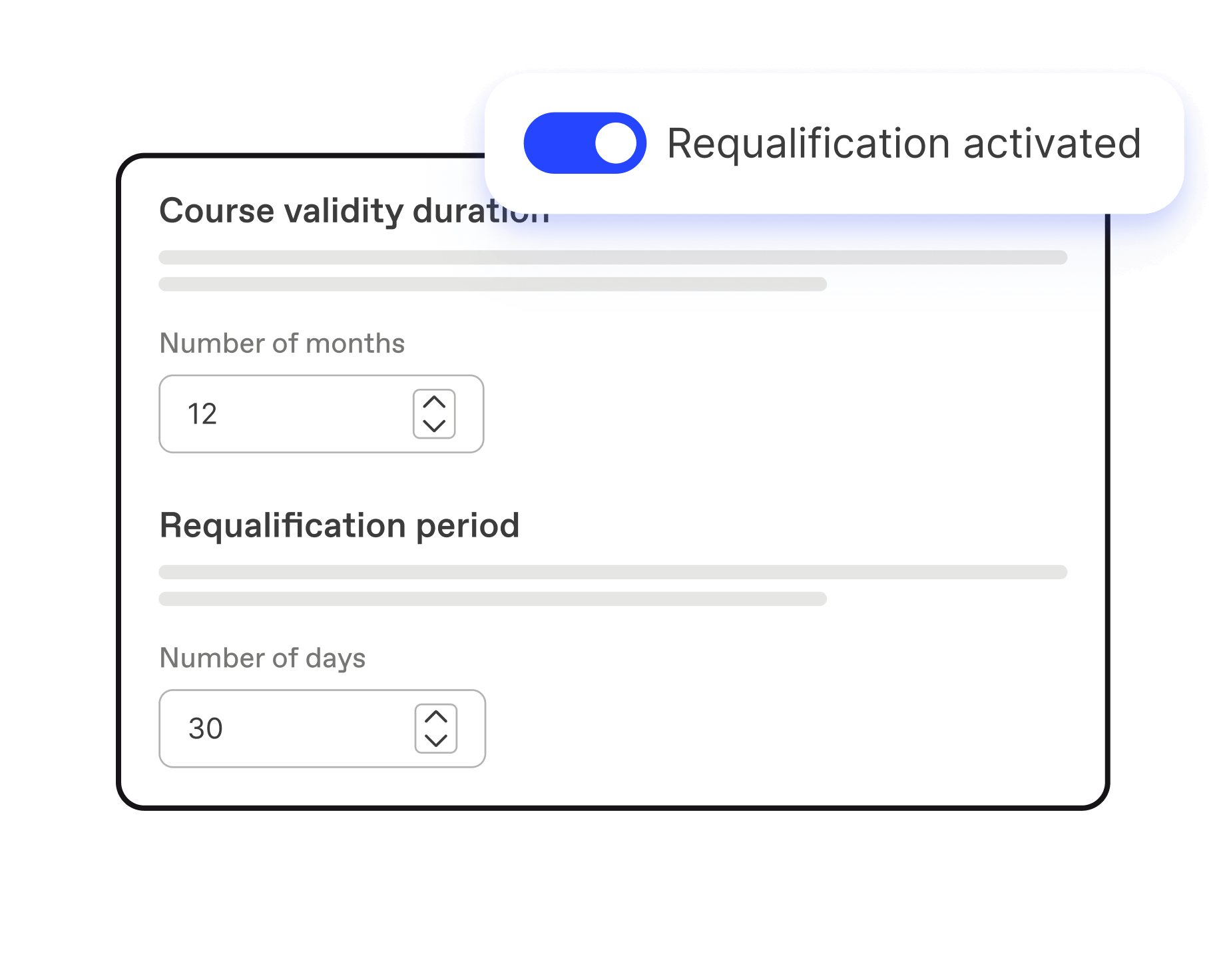 Activating a requalification cycle in Workleap LMS by setting the course validity duration and the requalification period.