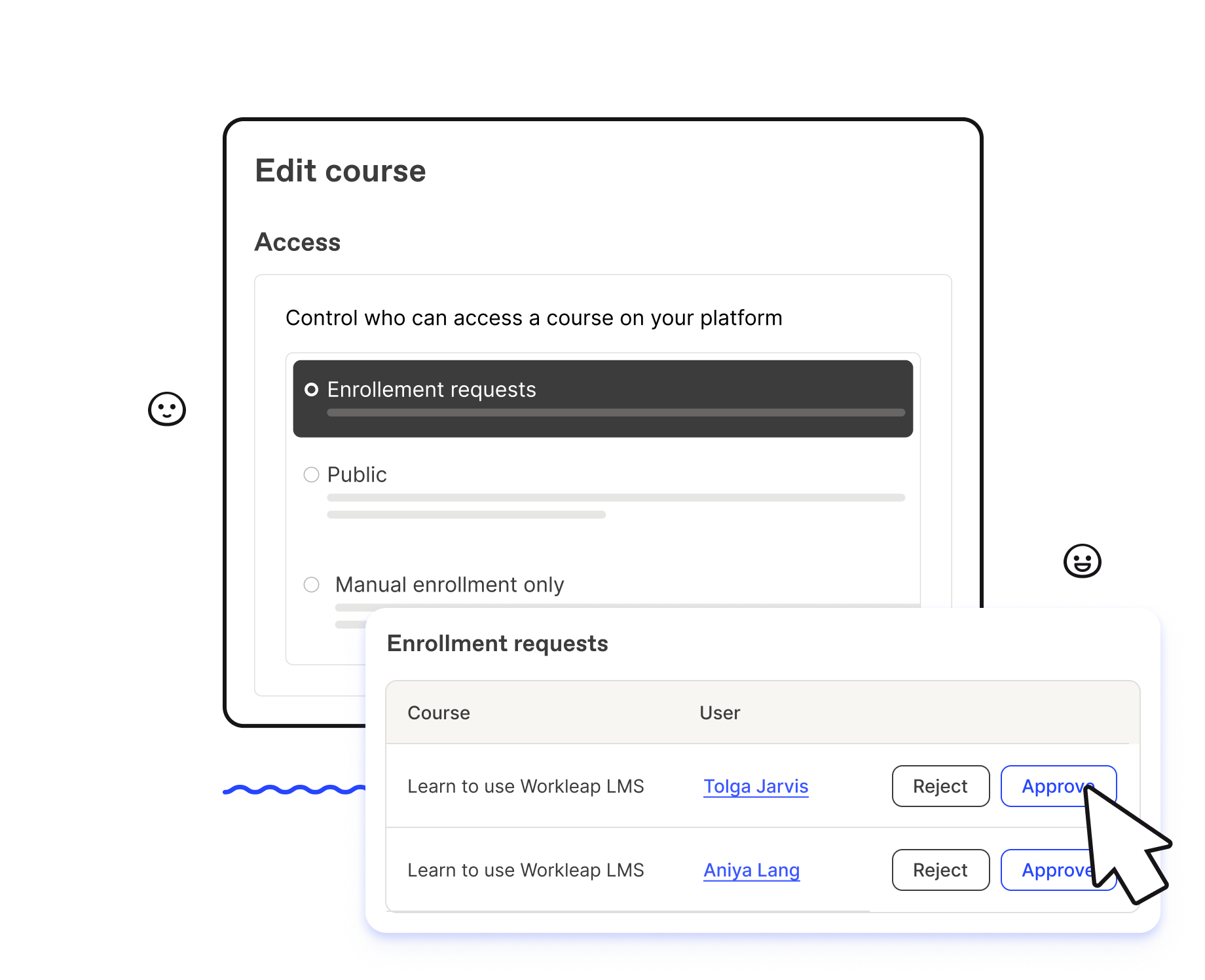 Managing enrollment requests in Workleap LMS to approve or reject access to a course for a specific user.