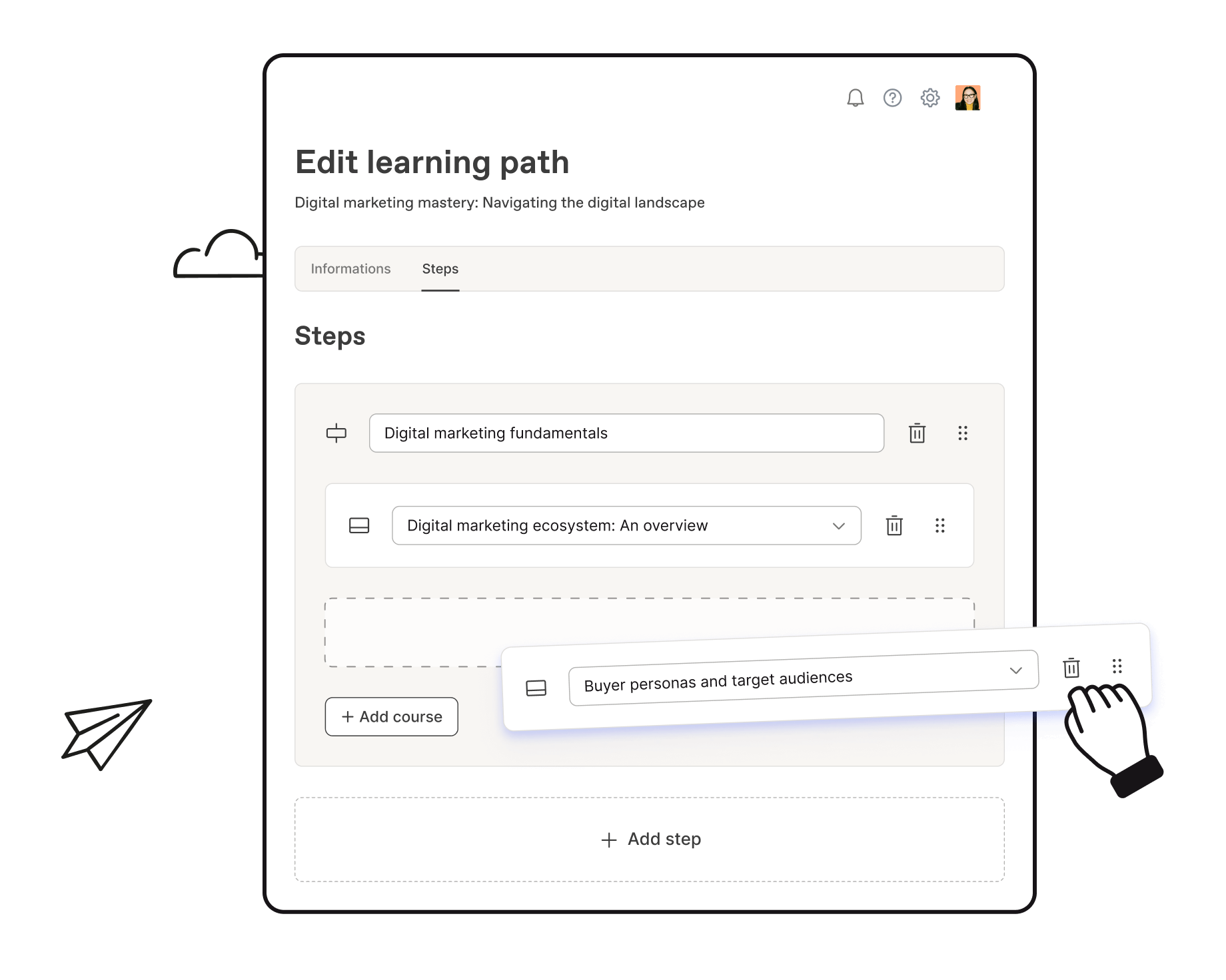 Editing a learning path in Workleap LMS by creating learning steps and adding existing courses through drag-and-drop.