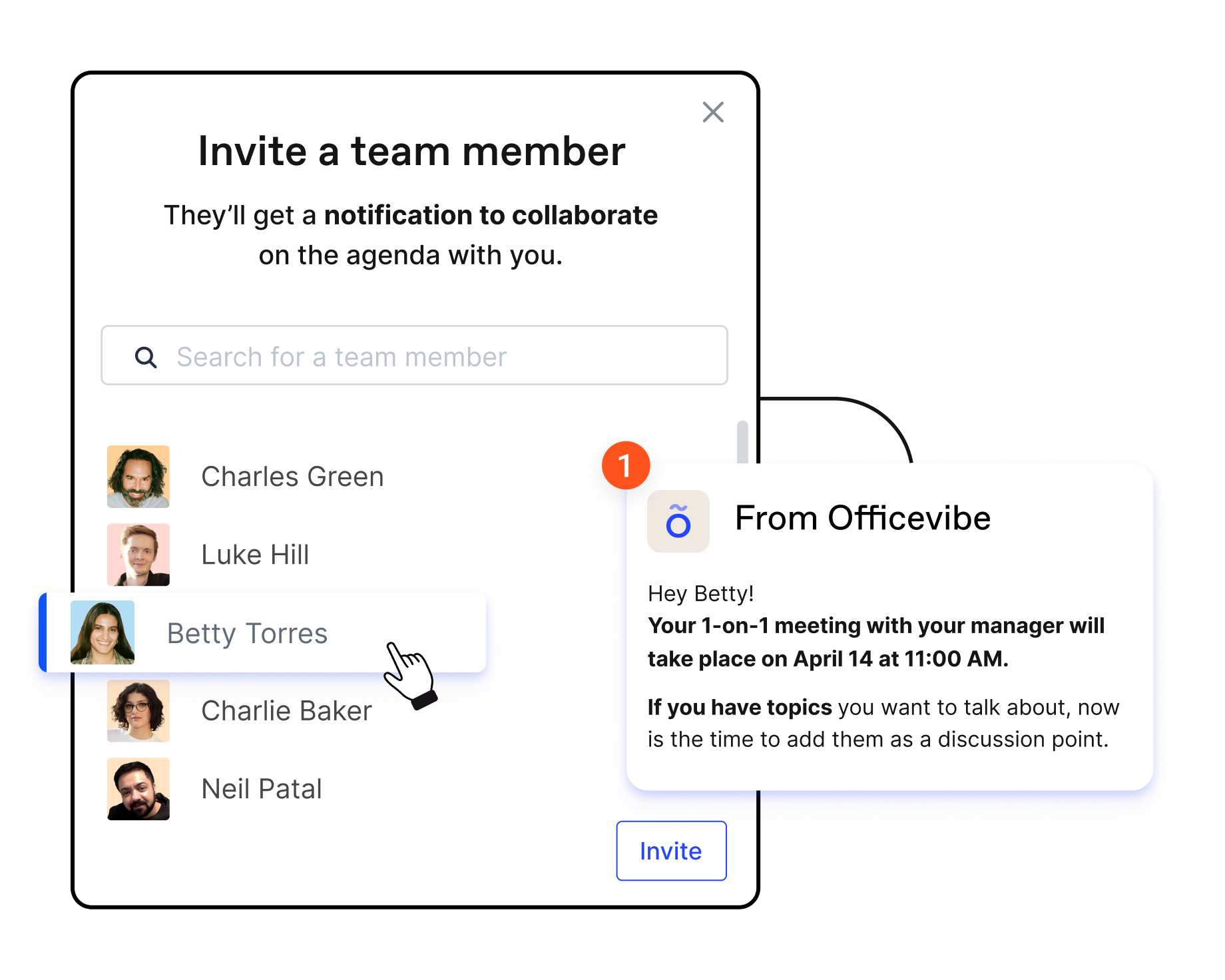 Invitation of a team member to a one-on-one meeting with the Officevibe notification to collaborate on the agenda.