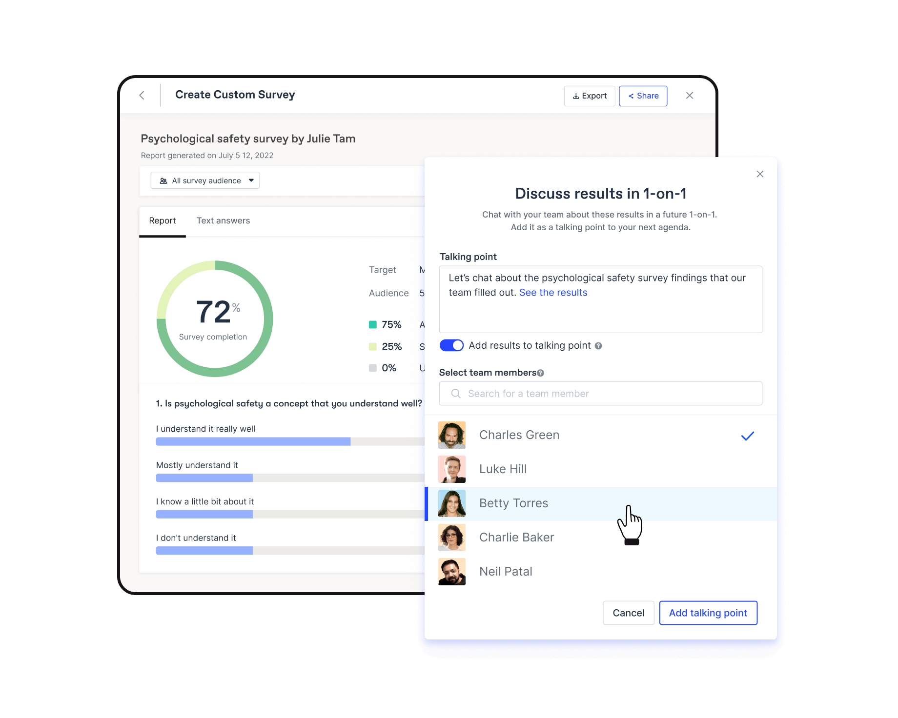 Officevibe custom survey results panel, allowing to add results as a talking point of a future 1-on-1 meeting with your team.