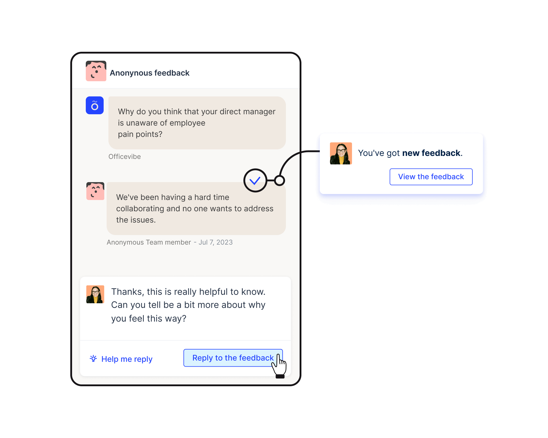 Officevibe messaging tool to get notified when you receive new feedback and reply to the anonymous employee who sent it.