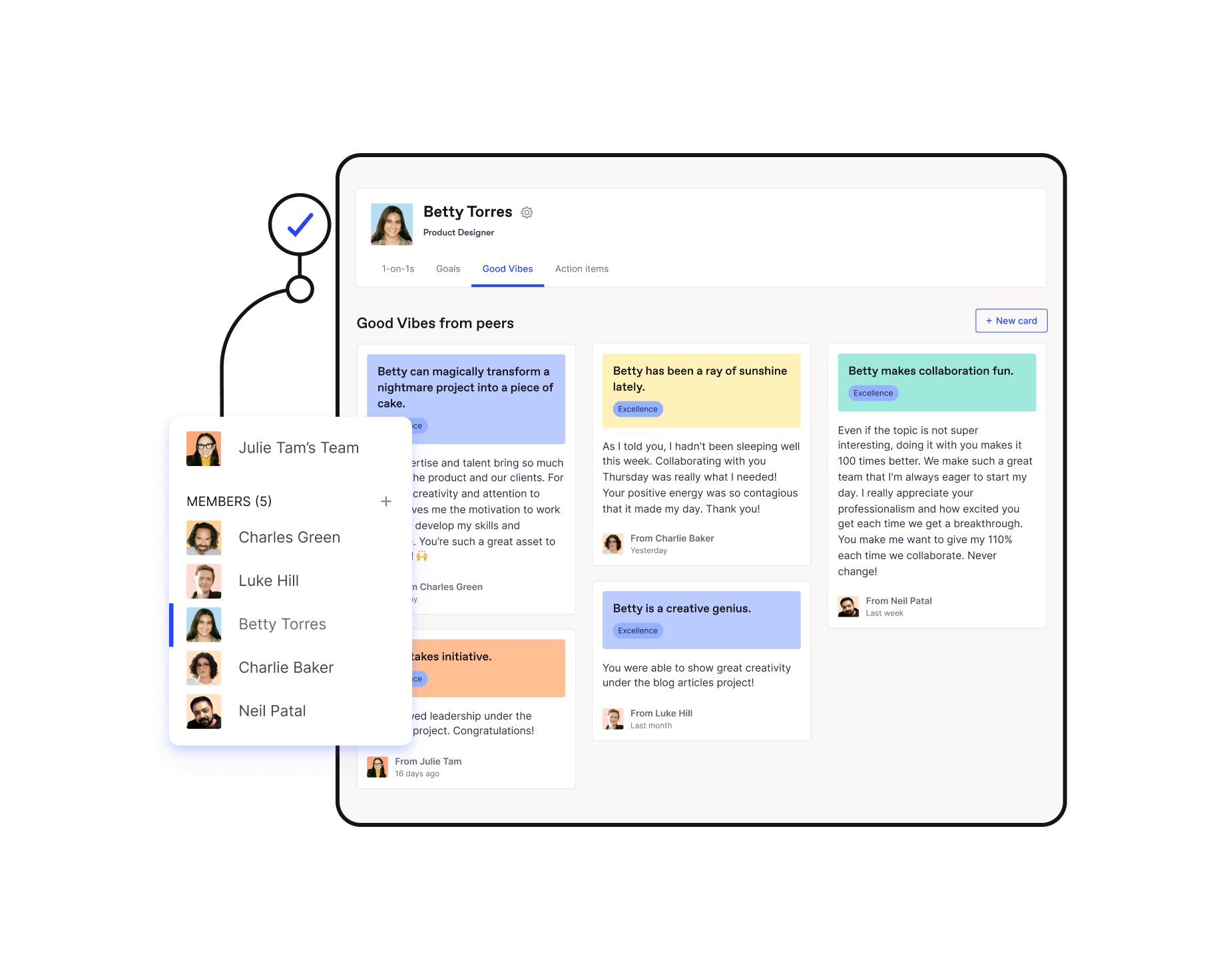 Employee profile in Officevibe showcasing the user’s team members and the Good Vibes cards they have received from peers.