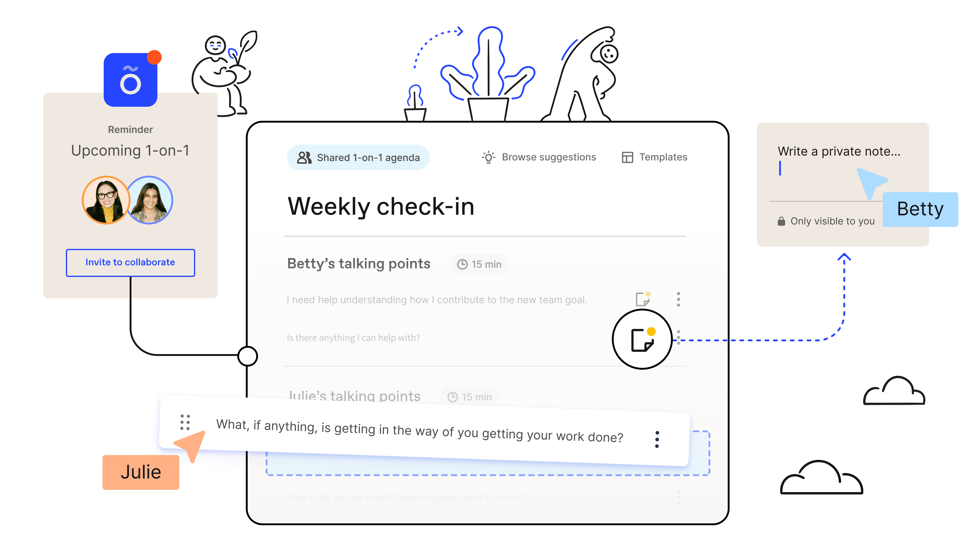 Officevibe’s weekly check-in collaborative agenda builder for an upcoming 1-on-1 meeting with custom duration and talking points.