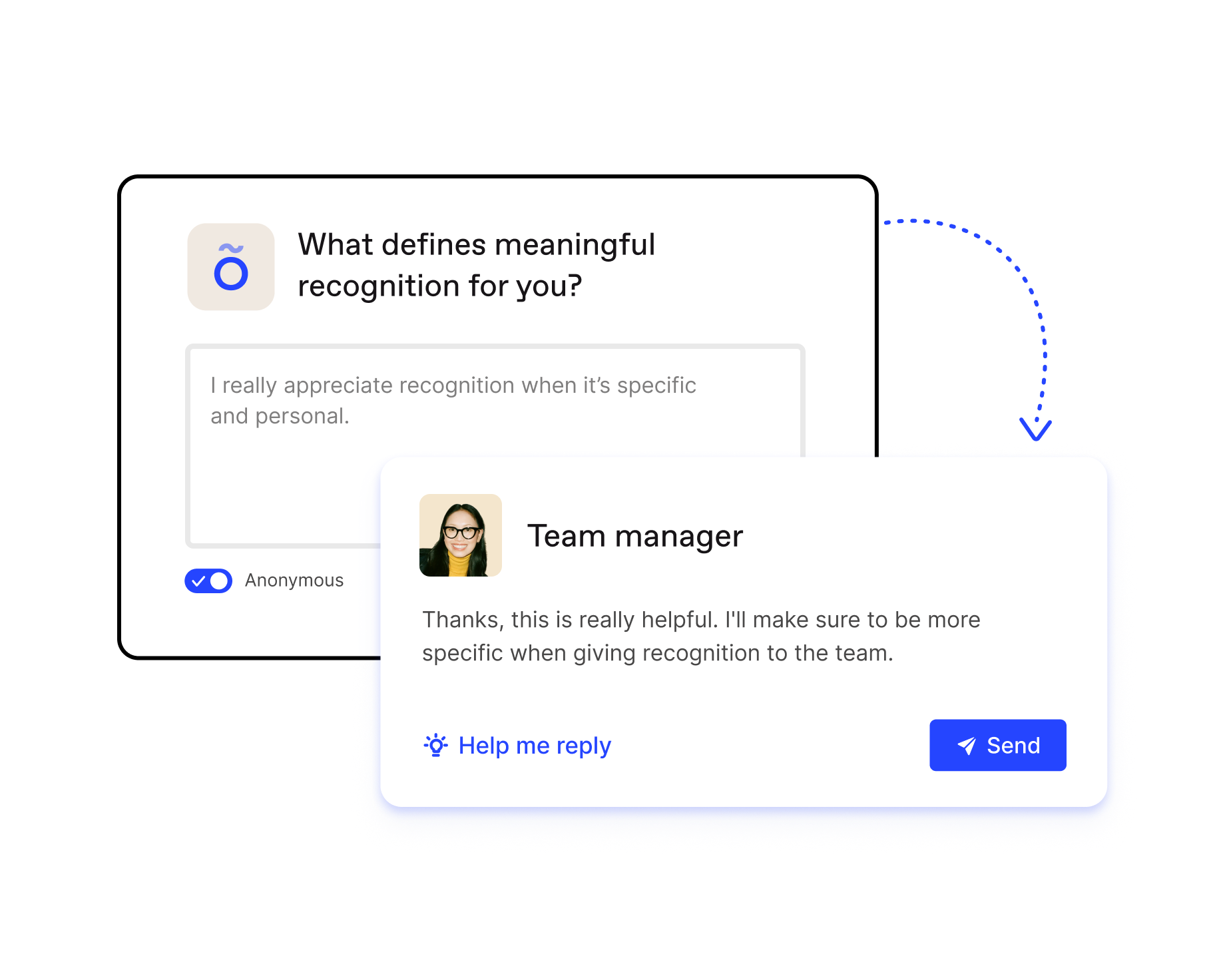 A manager responding to feedback received by an employee via the Workleap Officevibe tool.