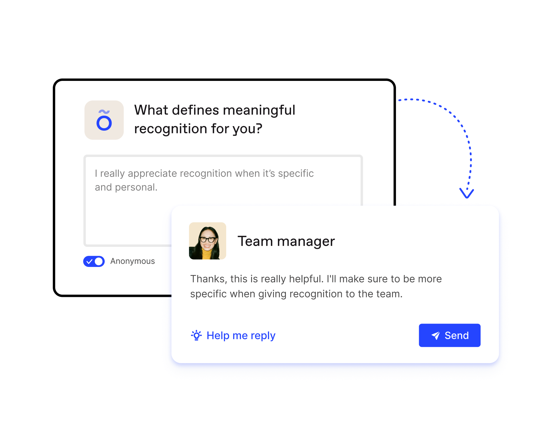 A manager responding to feedback received by an employee via the Workleap Officevibe tool.
