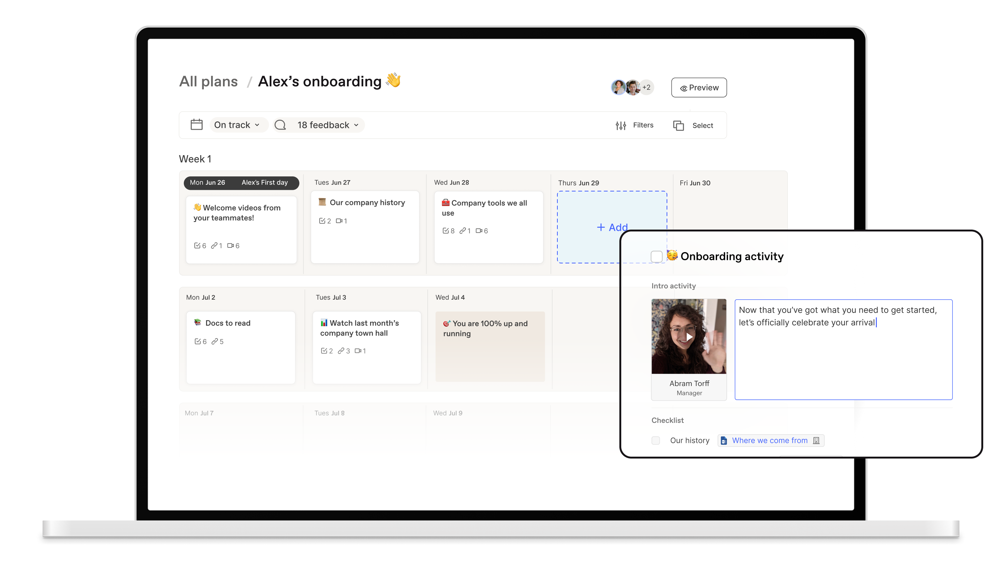 Workleap Onboarding UI interface presenting an onboarding activity and calendar.