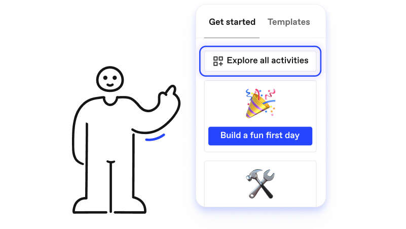 character pointing at a button to explore all activities