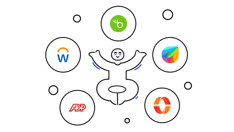 floating logos of HRIS integrations with Workleap Onboarding