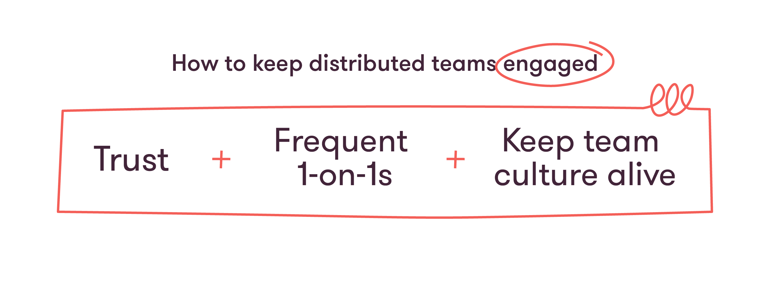 Formula to keep distributed teams engaged = trust + frequent 1-on-1s + keep team culture alive
