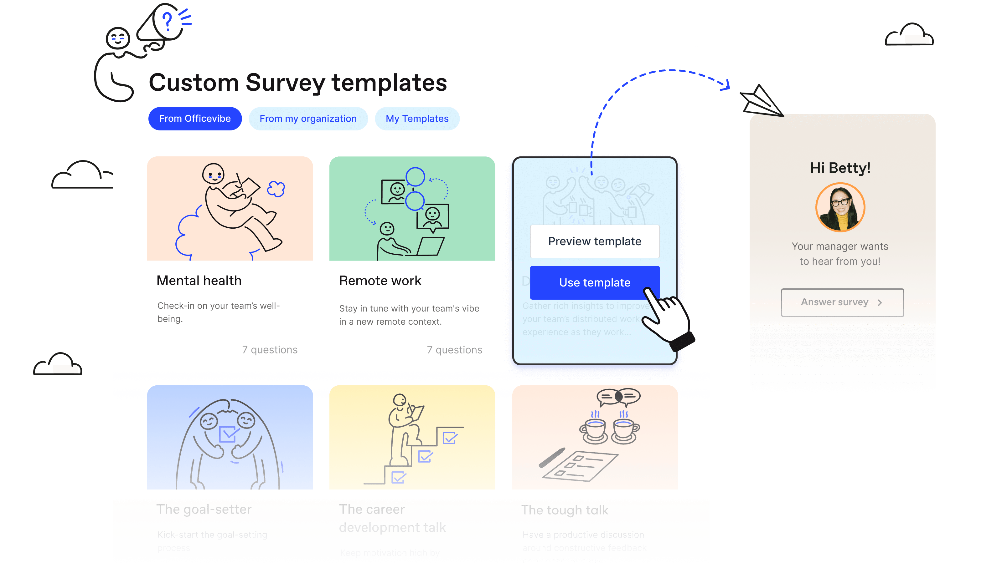 List of Officevibe custom survey templates to filter, preview, use and create survey templates.
