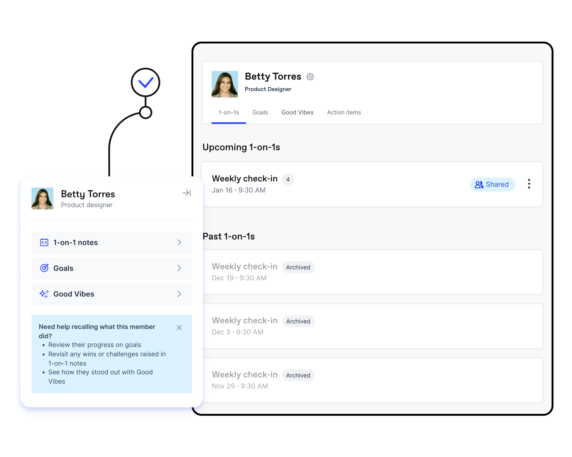 Employee profile in Officevibe showcasing the user’s team members, previous one-on-one notes, moments of recognition, and employee goals to keep one-on-one meetings productive and efficient.  