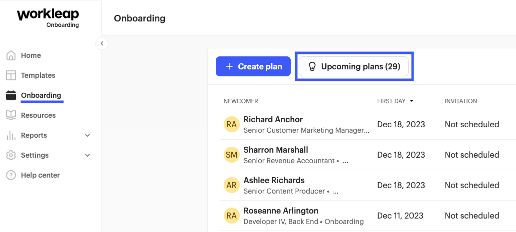 Workleap Onboarding Upcoming Onboarding Plans View