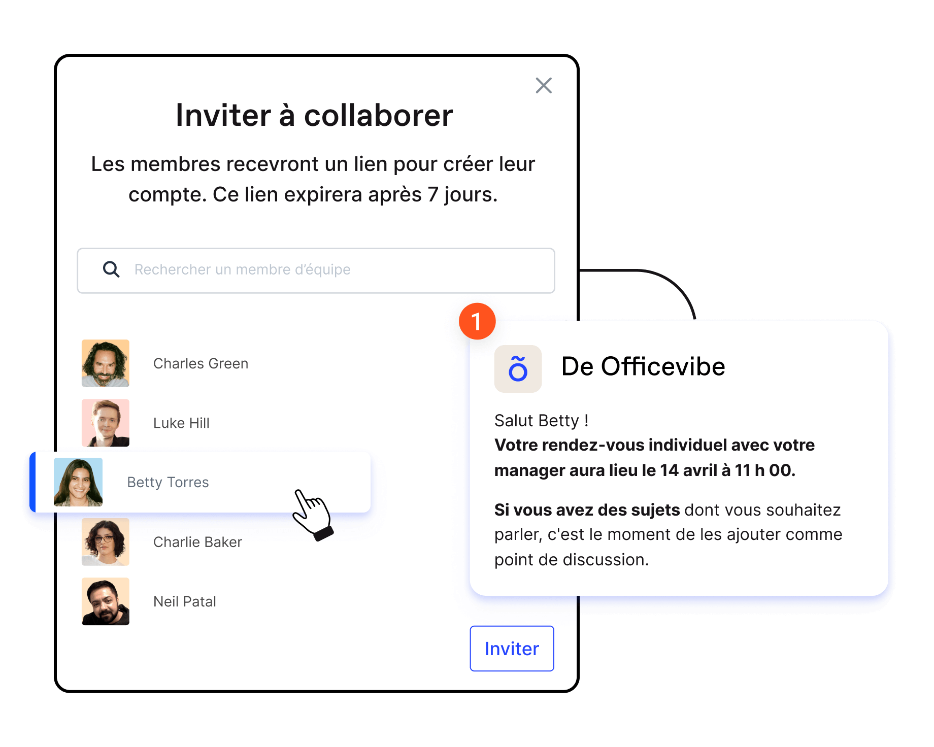 Invitation d'un membre de l'équipe à une réunion individuelle avec la notification d'Officevibe pour collaborer à établir l'ordre du jour.