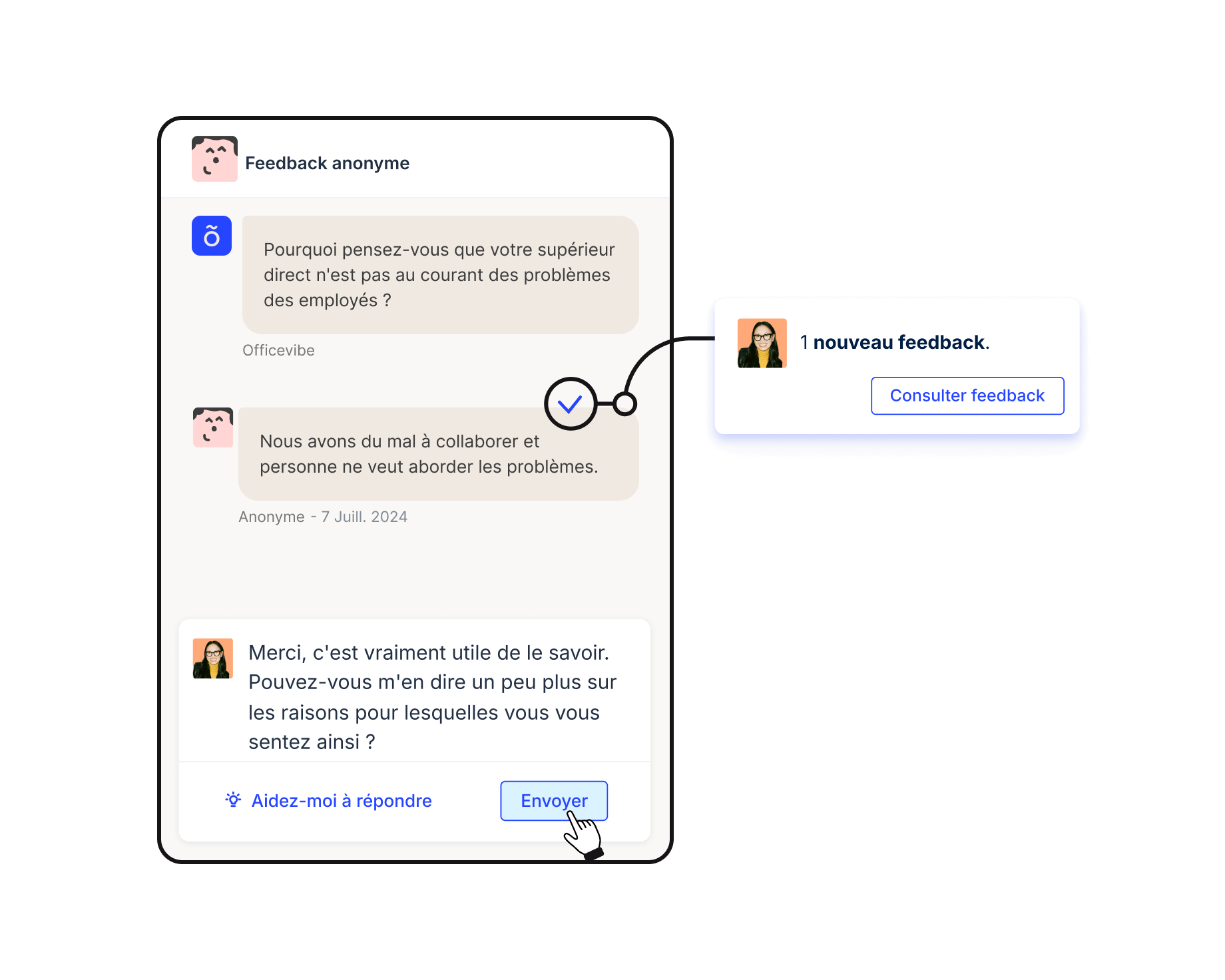 Outil de messagerie Officevibe pour être informé d'un nouveau feedback et répondre à l'employé anonyme qui l'a envoyé.