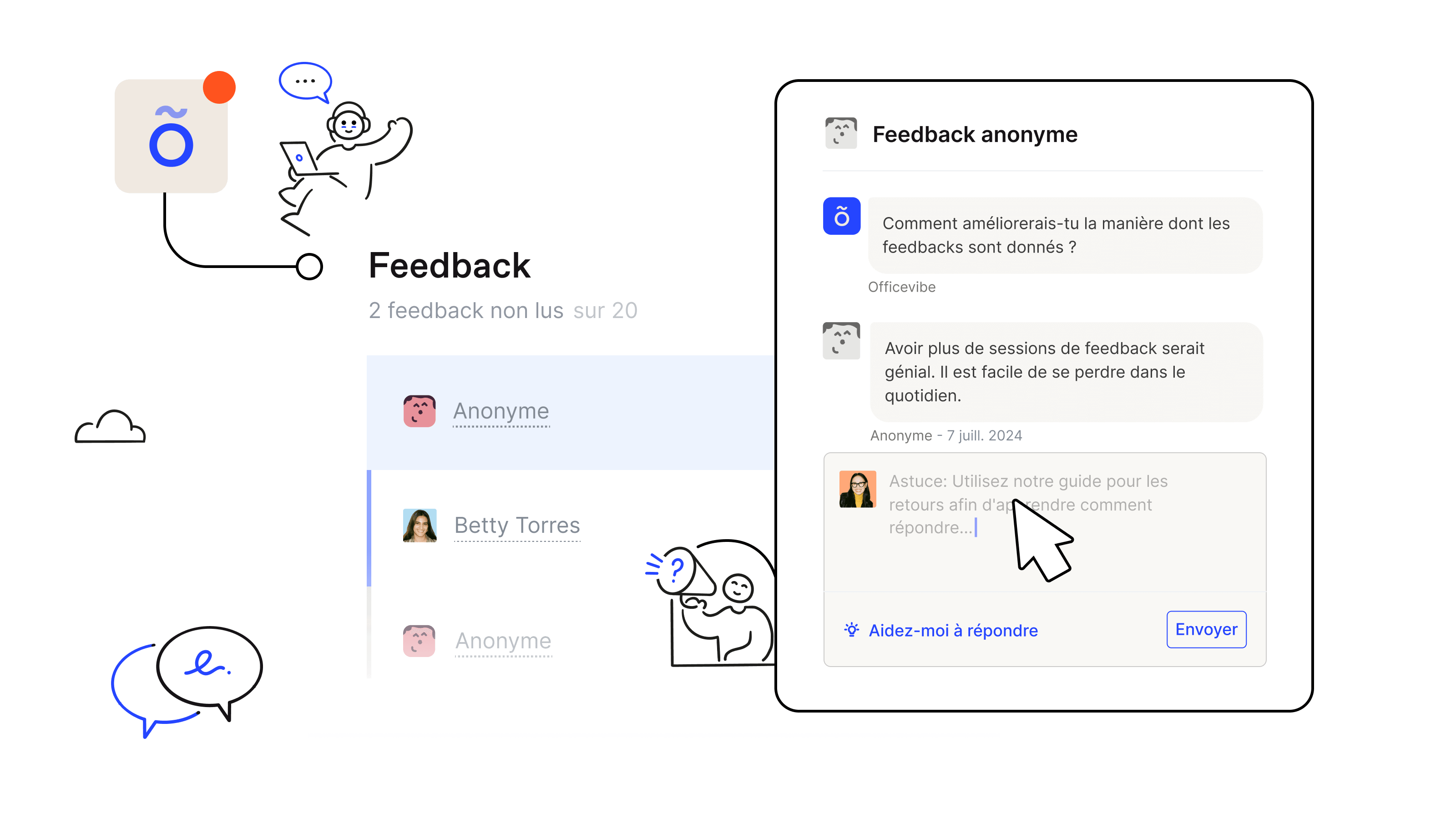 Page de gestion du feedback d'Officevibe pour lire, répondre et filtrer par équipe tous les commentaires reçus.
