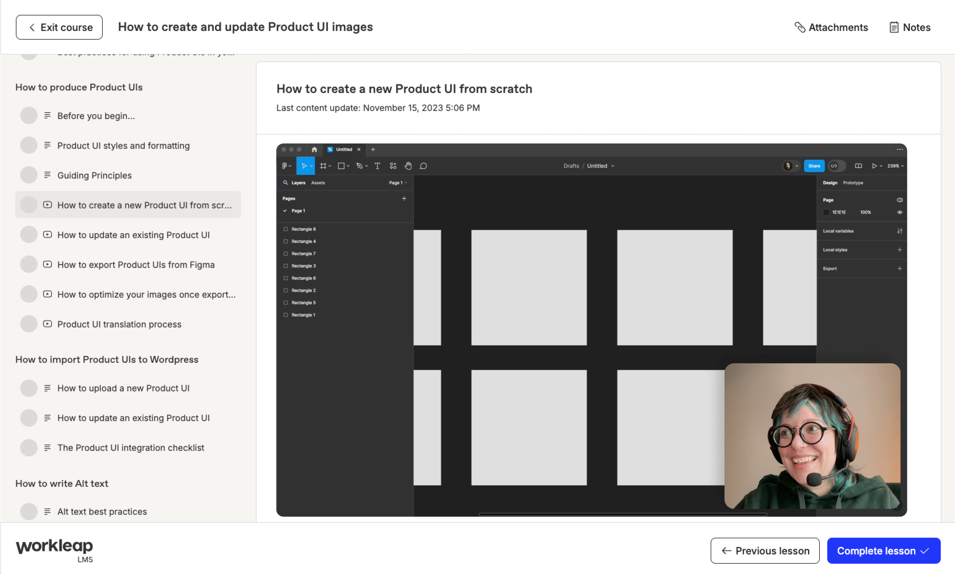 Screenshot of the Workleap Learning Management System interface showing the course titled 'How to create and update Product UI images.' The screen displays a detailed course outline on the left, including sections on producing UIs, exporting from Figma, and WordPress integration. On the right, there is an open design tool with various blank rectangles, indicating a design in progress. A video insert at the bottom right shows Liz, a smiling web designer wearing headphones explaining the course content.